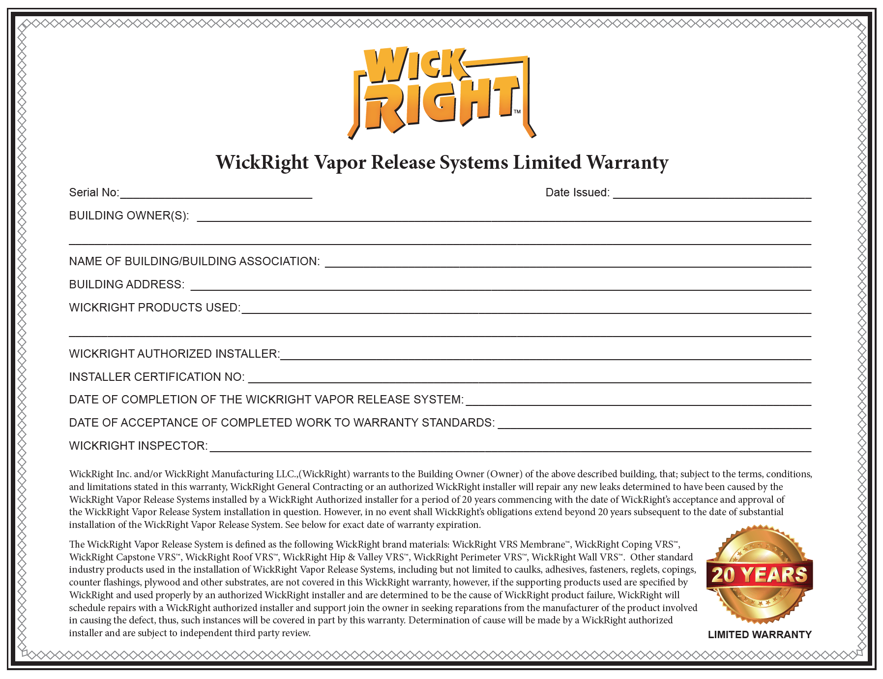 WickRight Parapet Vent and Roof Vent 20-year limited manufacturer warranty certificate