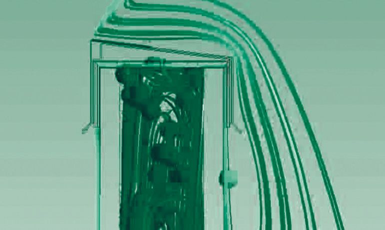 Computer simulation of airflow provided by WickRight metal coping parapet vent over and into a parapet wall