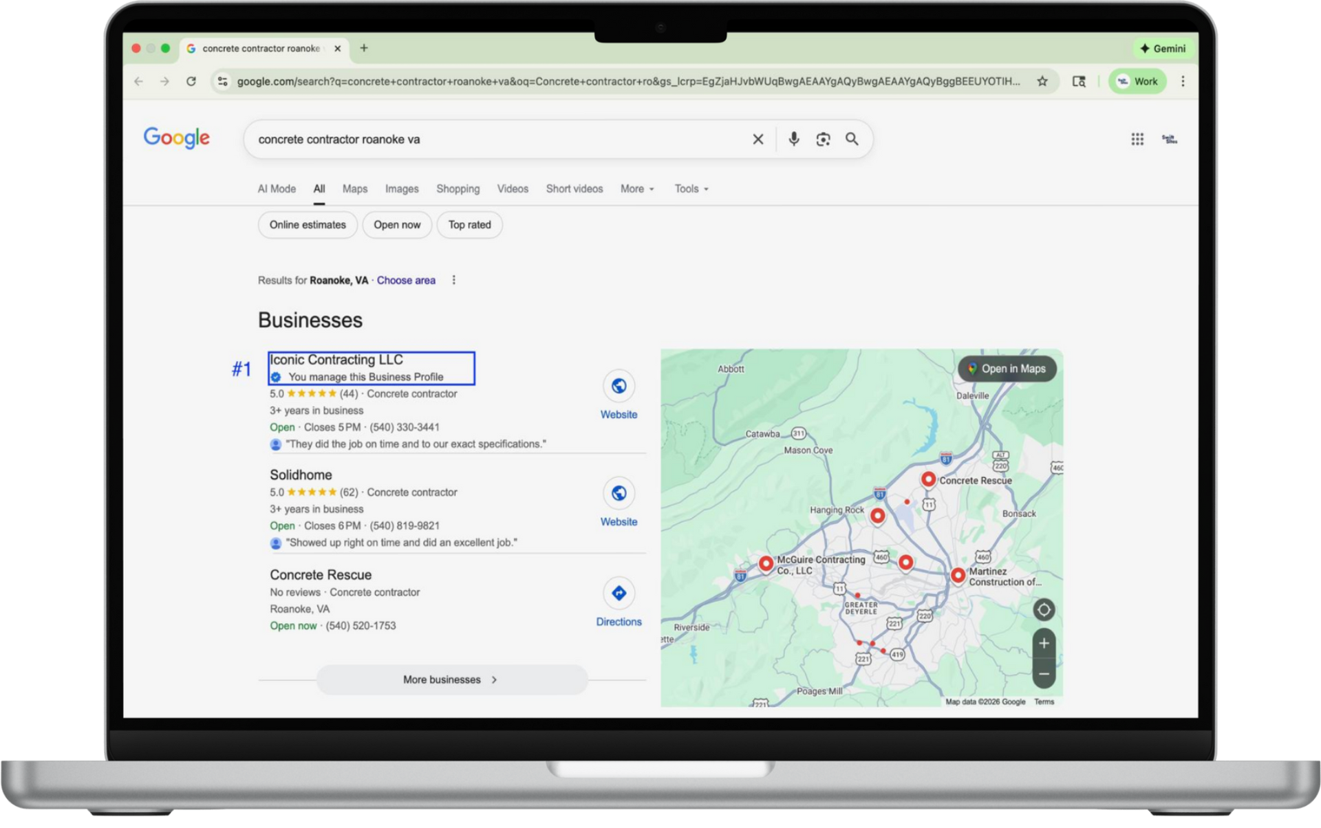 Laptop screen showing Google search results for  contractors in Roanoke  and a map.