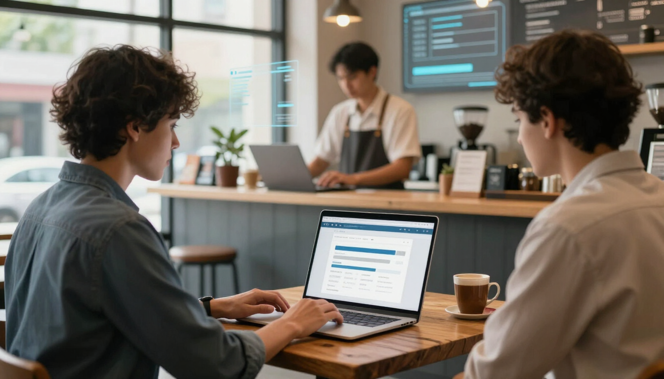 Two people working in a café, one typing on a laptop while the other looks on.