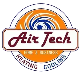 Logo for Air Tech: swirling air design, orange and blue colors, text 