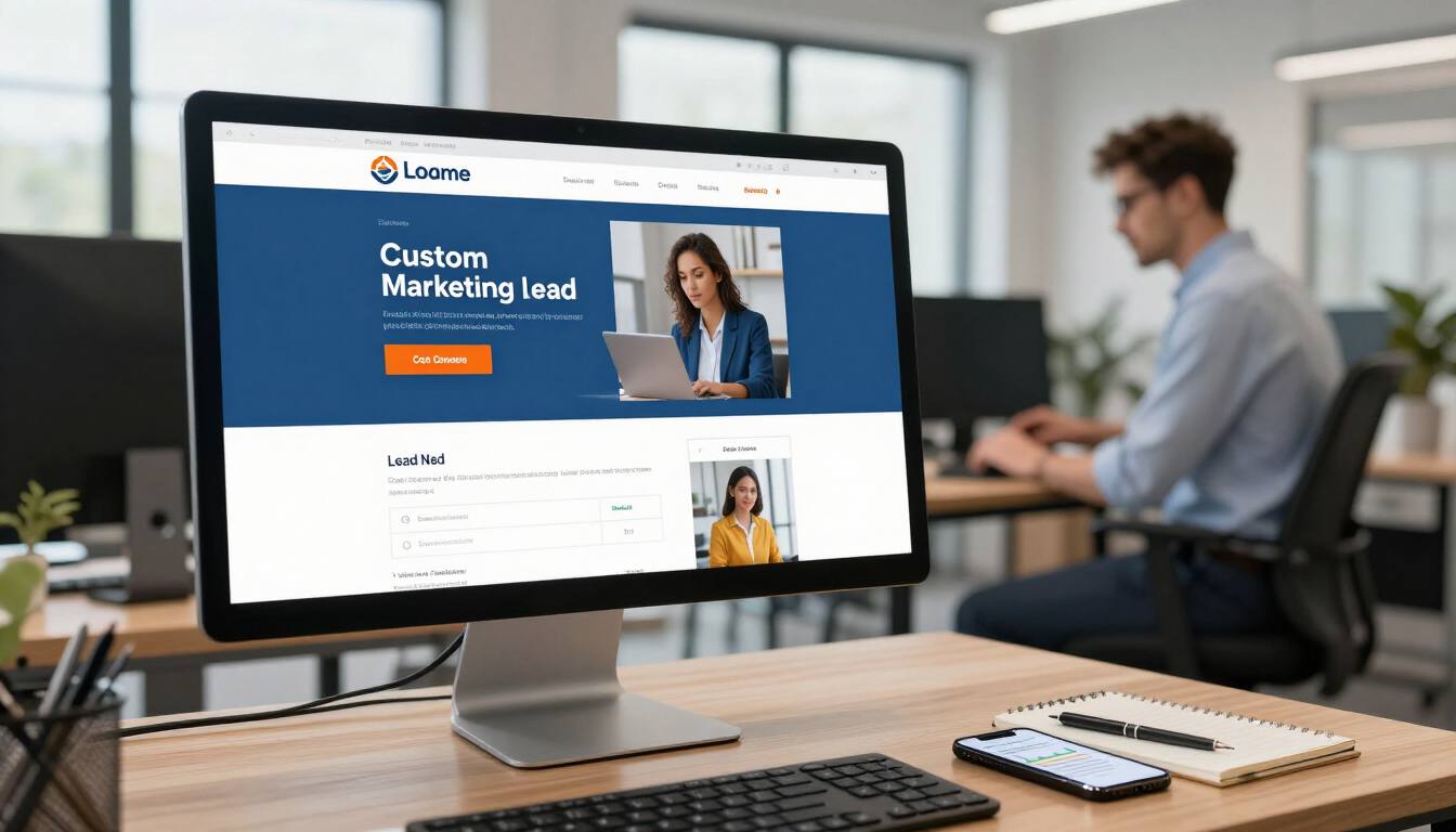 Desktop monitor showing a marketing lead webpage in an office workspace