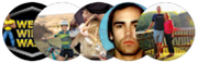 Five overlapping circles with people and scenes: a sign, a bicyclist, a deer, a man's face, a couple near a railing.