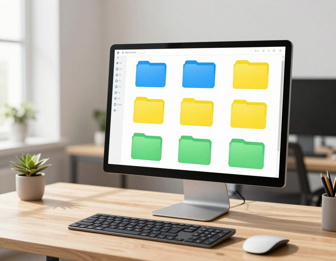 Organized folders of images on a computer screen in a bright office
