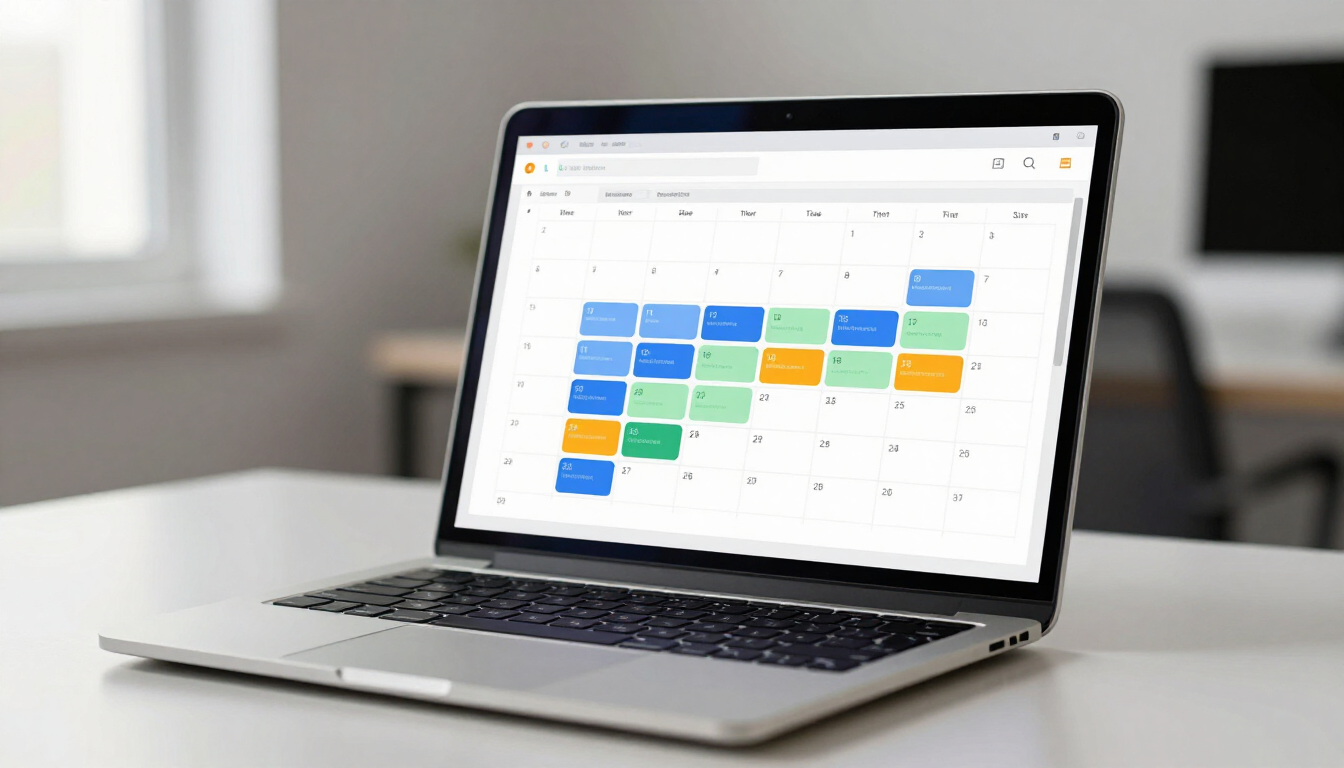 Calendar and schedule visible on a laptop in an office setting
