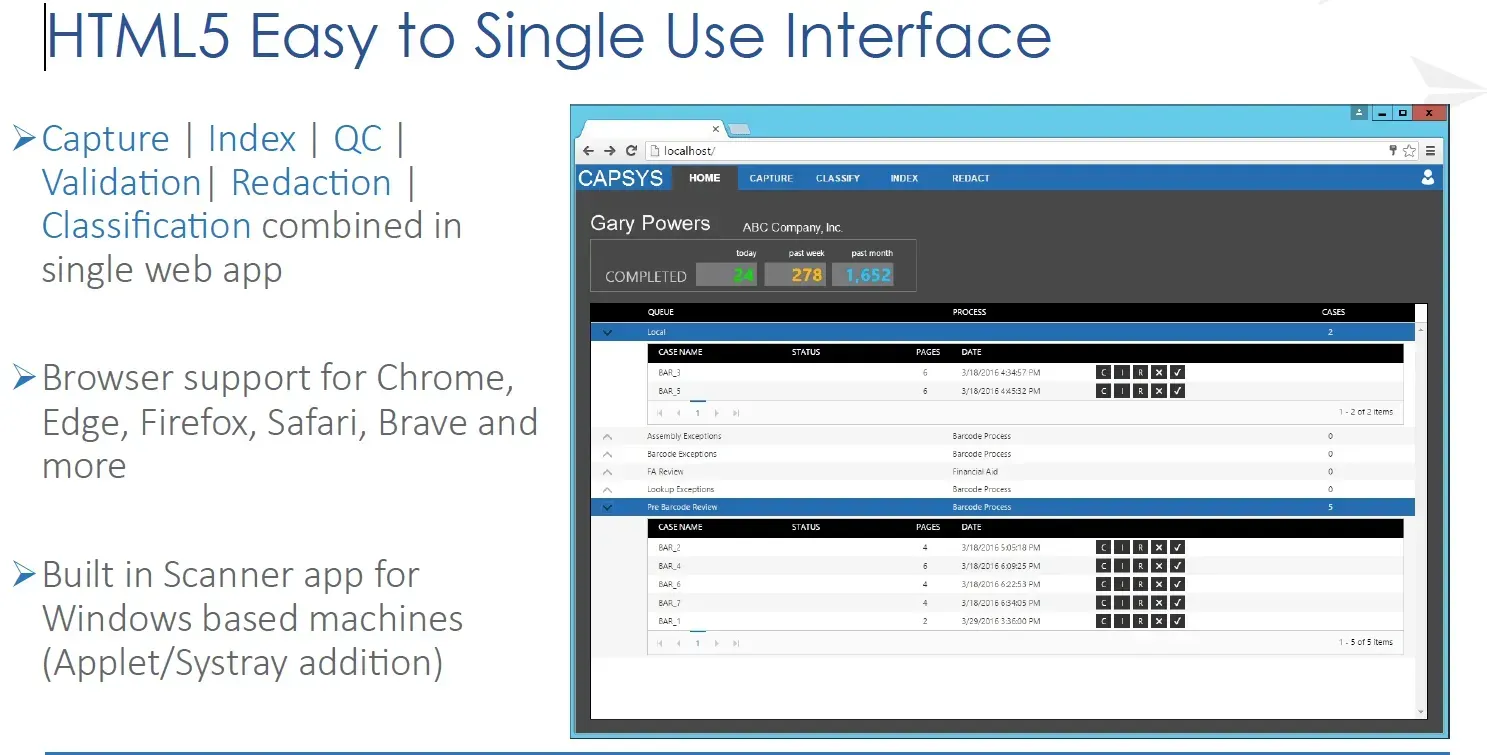HTML5 easy to  single use interface screenshot of capsys web