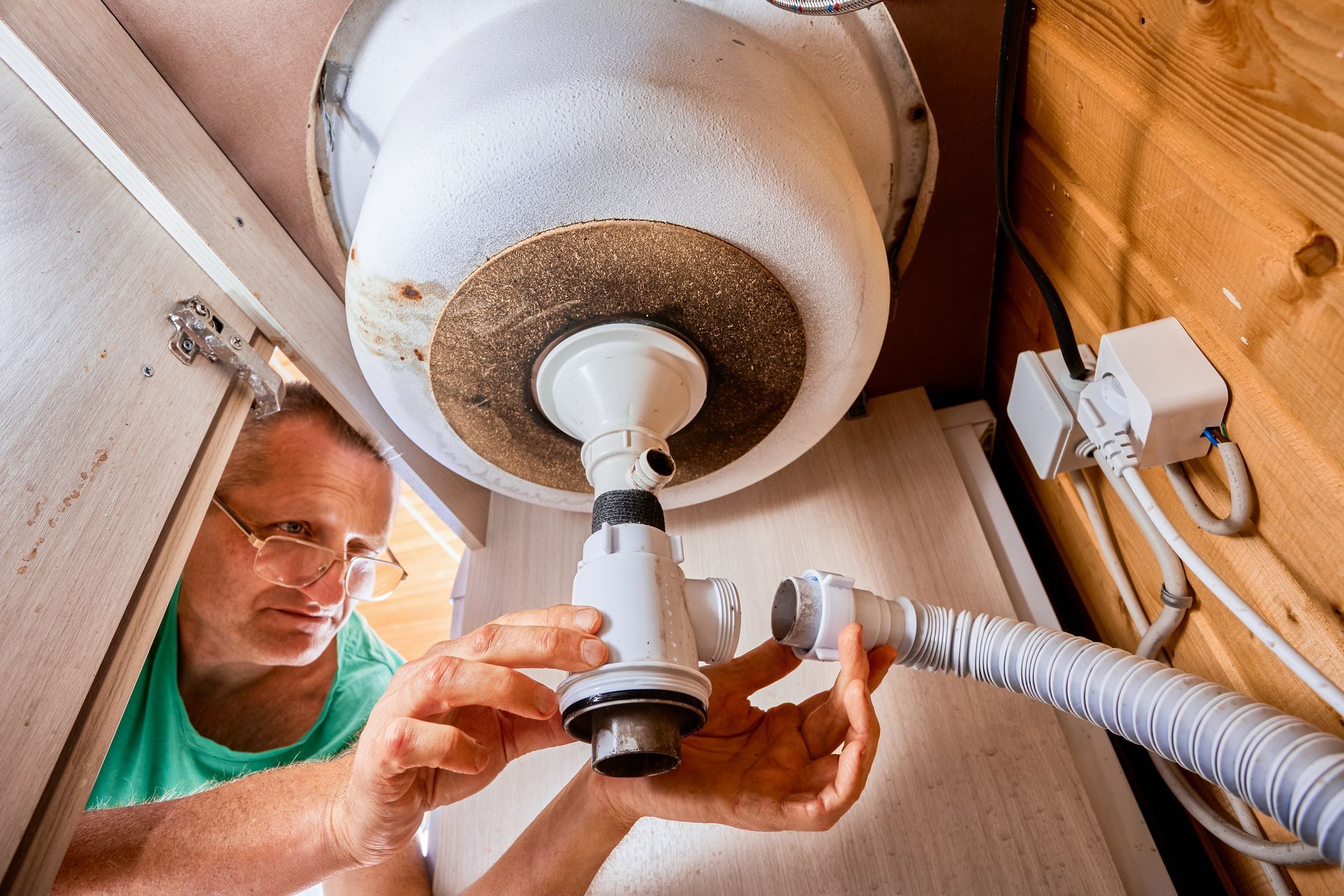Technician repairing a ceiling fan from below, using tools in a wooden attic space