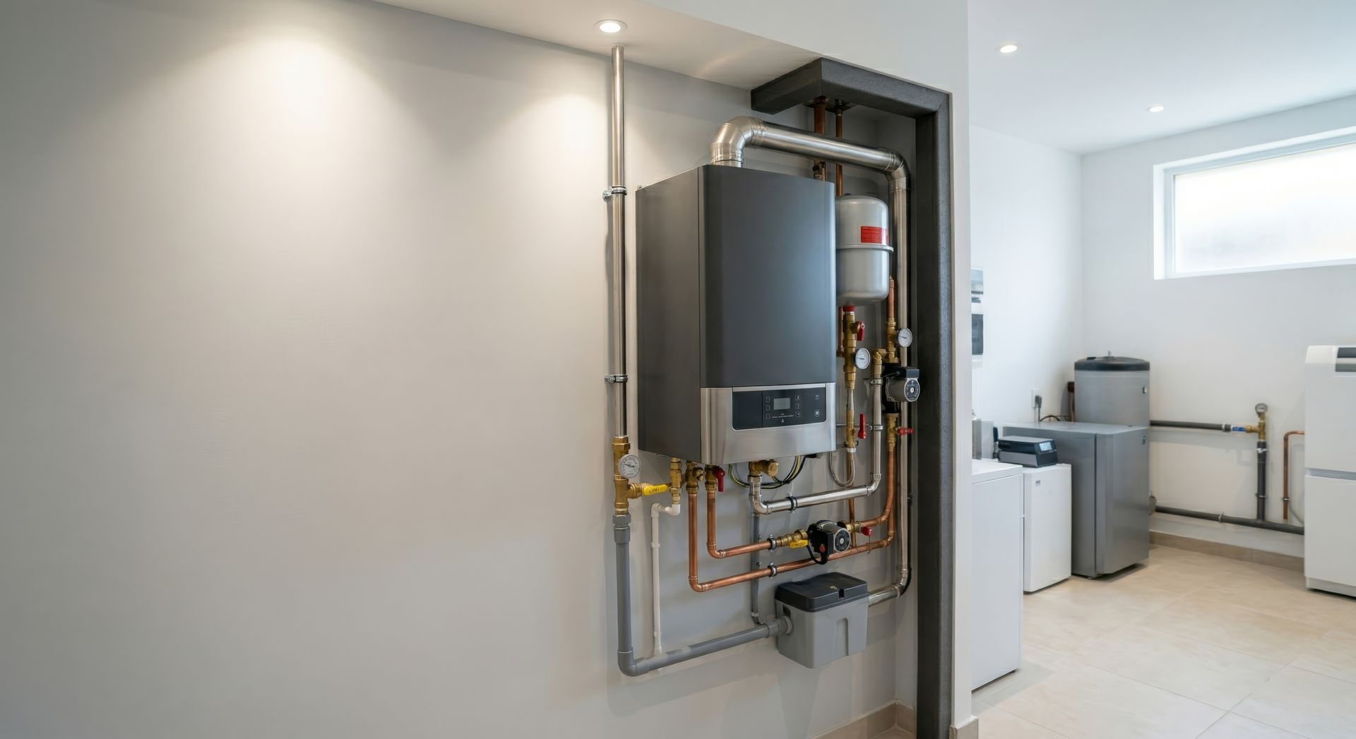 Modern utility room with wall-mounted boiler, pipes, and laundry appliances in a bright interior