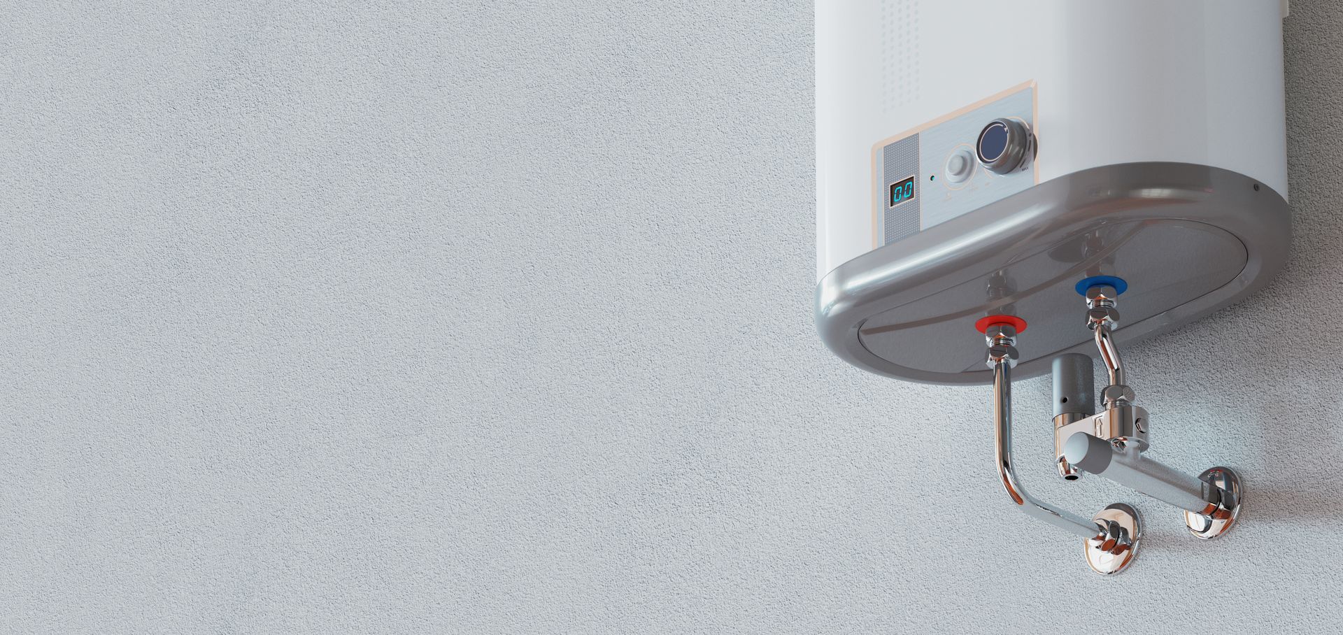 Wall-mounted water heater with exposed pipes against a light textured wall