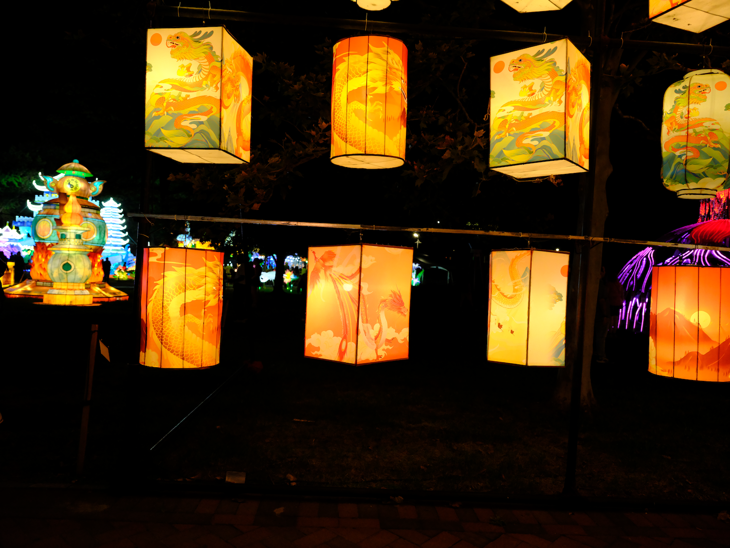 Colorful, illuminated paper lanterns hanging at night. Some have paintings of dragons or other designs.