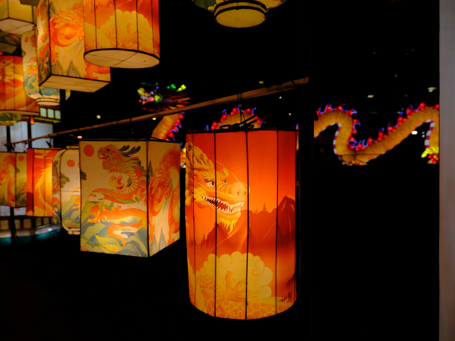 Colorful Chinese lanterns, some with painted designs, hang in a dark space, lit by internal lights.