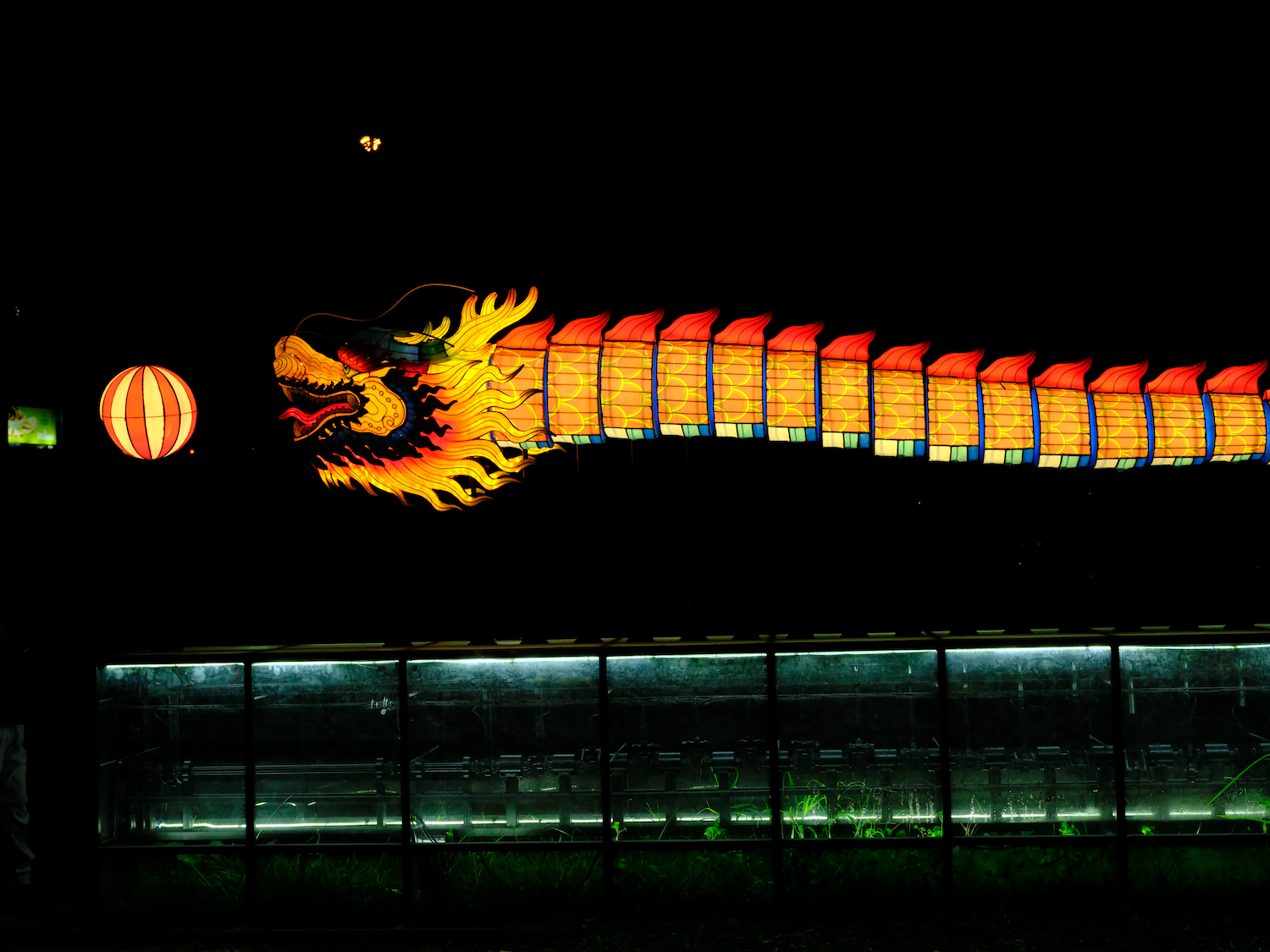 A brightly lit dragon lantern floats at night above a dark body of water.