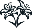 A black and white drawing of a flower with leaves.