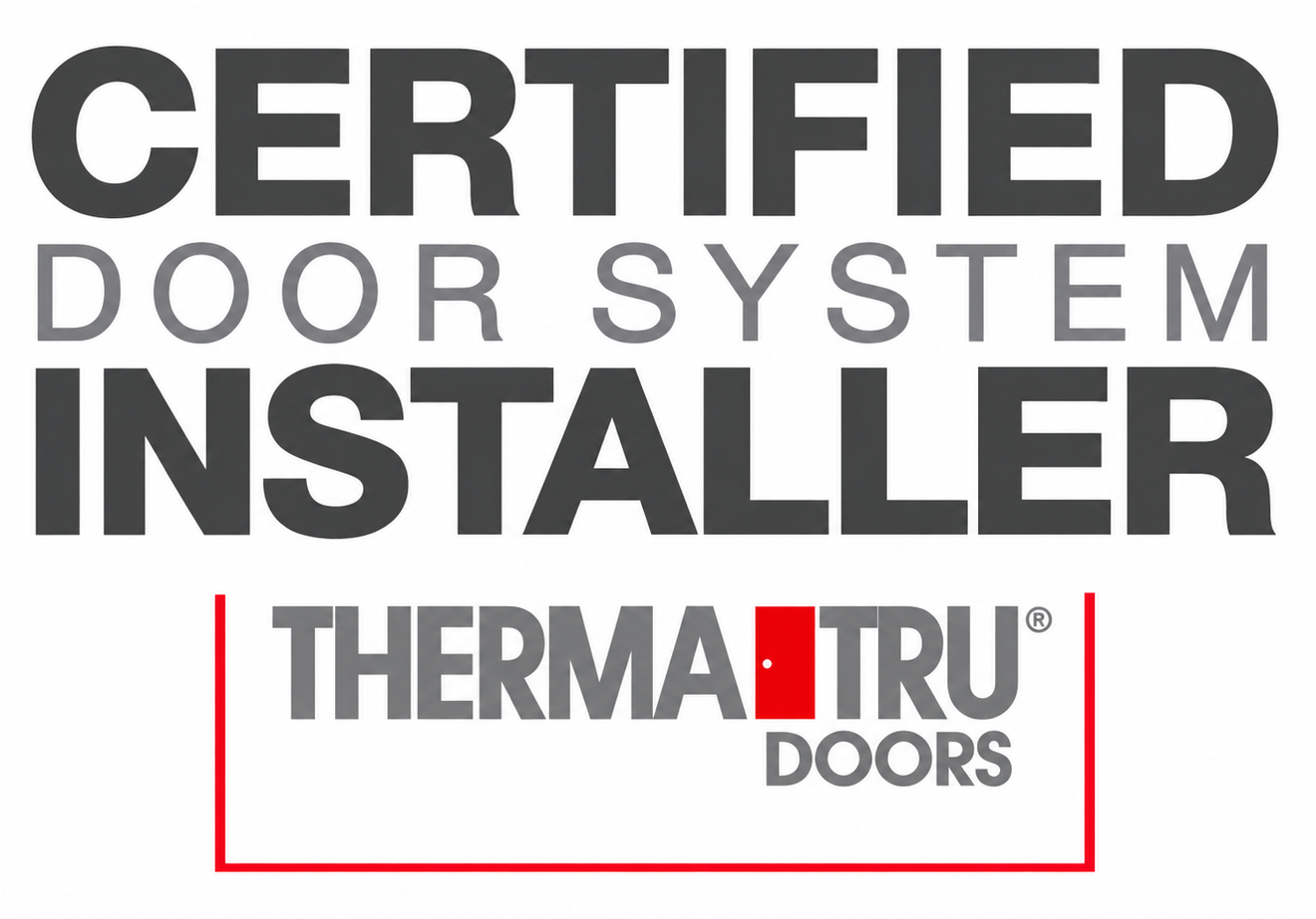 Certified Door System Installer logo with Thermatrue Doors branding in gray, black, and red