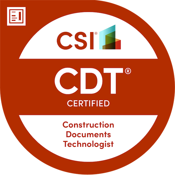 CSI CDT Construction Documents Technologist certification logo in red, white, and orange