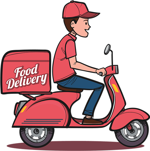 Food delivery person on a red scooter, wearing red shirt and hat, delivering food.