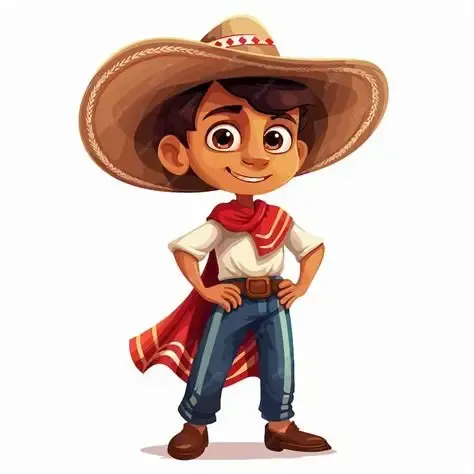 Boy in sombrero and poncho, smiling, hands on hips.