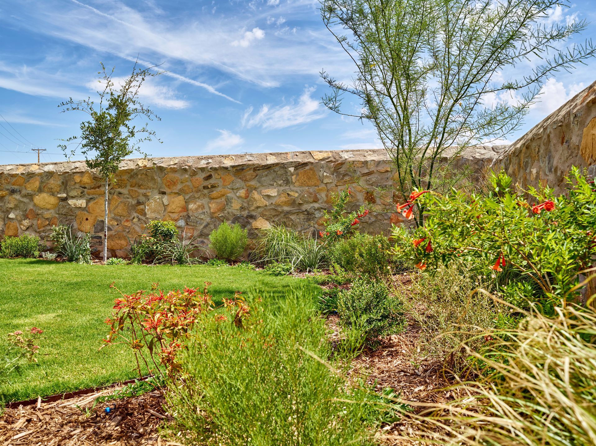 Lush green garden with stone wall backdrop, featuring flowering shrubs, grass, and trees under a blue sky.