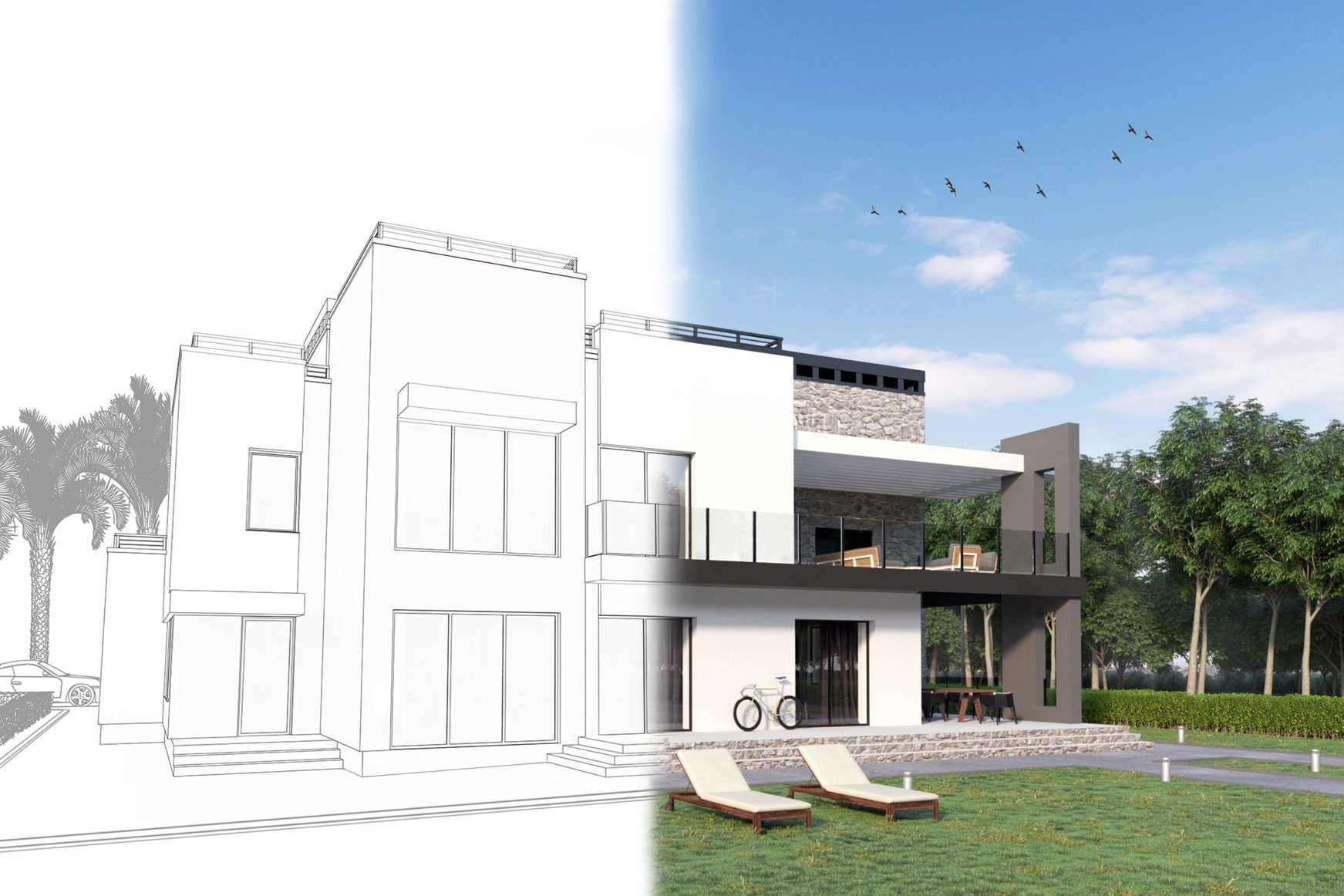 Architectural rendering of a modern house, with the left side as a blueprint sketch and the right side a finished, colorized design.