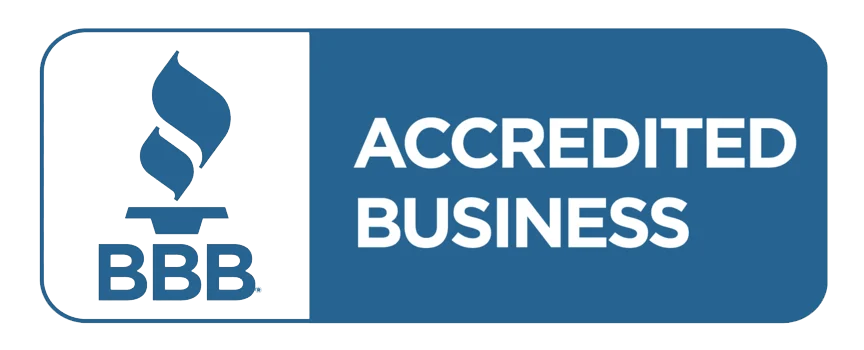 The bbb logo is blue and white and says accredited business