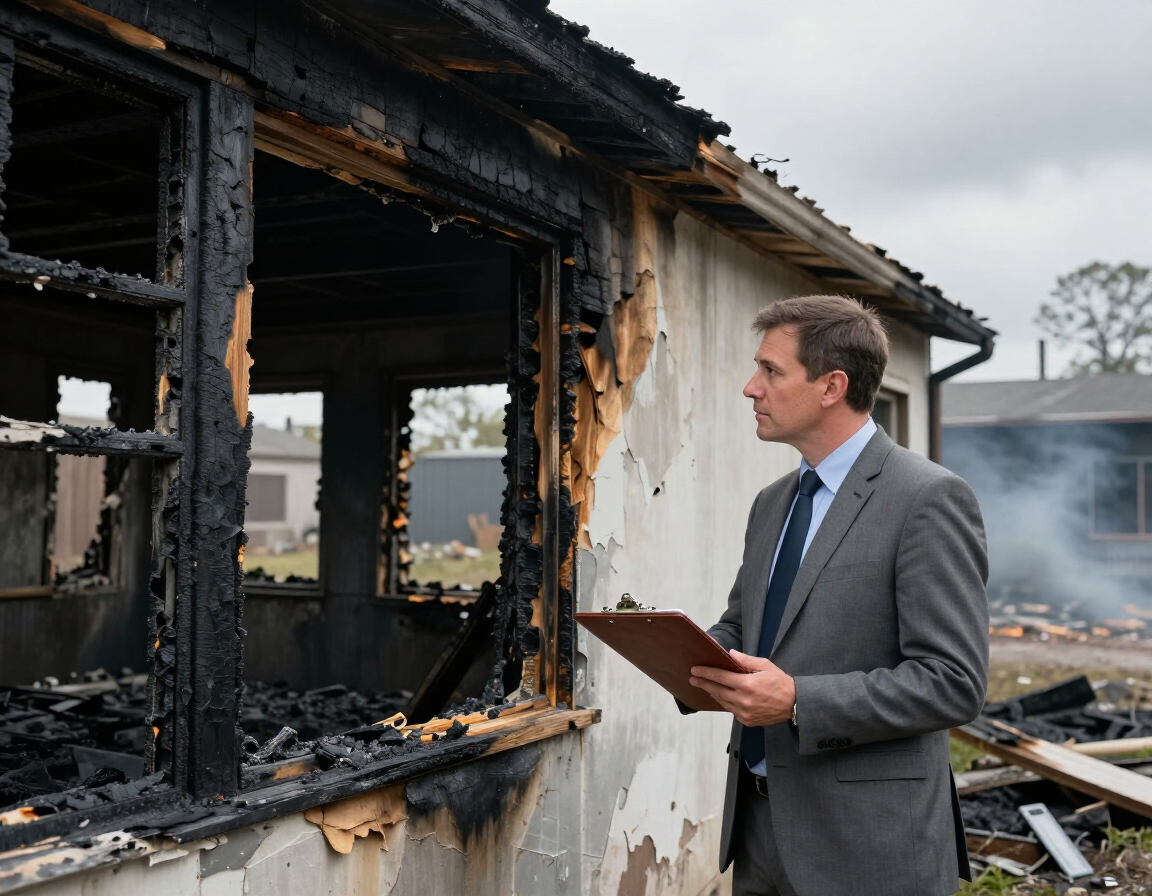 Man in gray suit inspecting a burned house with a clipboard amid smoke and debris