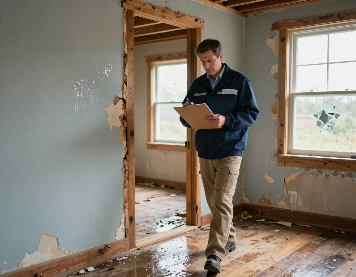 Person inspecting a damaged room during home renovation, holding a clipboard near exposed walls and windows.