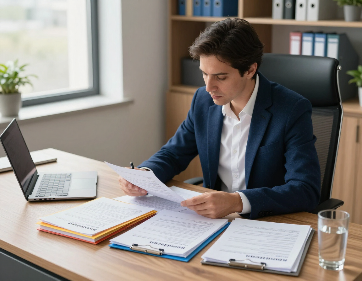 Person reviewing papers at a desk with a laptop, notebook, and water glass in a bright office