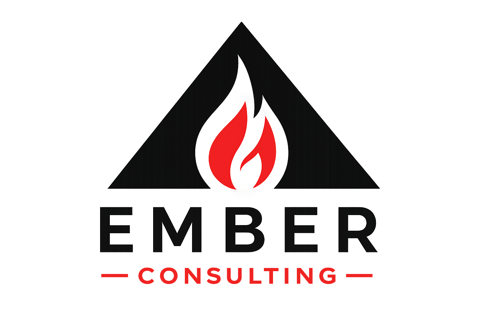 Ember Consulting logo with black triangle and red flame above black and red text