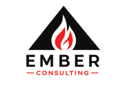 Ember Consulting logo with black triangle and red flame above black and red text