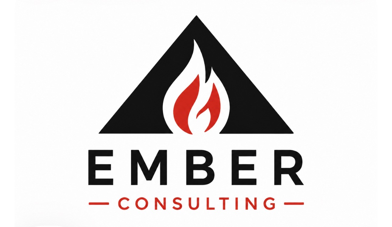 EMBER Consulting logo with black triangle, red flame, and bold black and red text