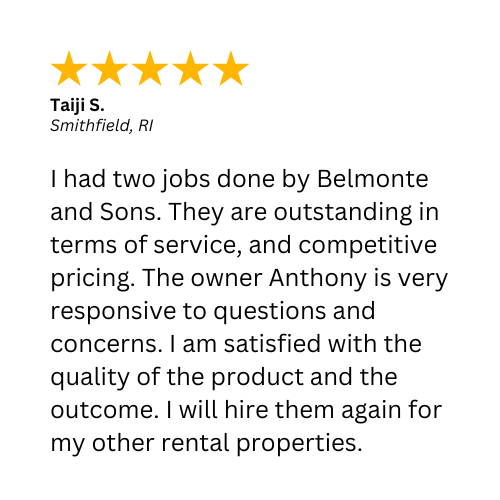 Customer review with five stars for Belmonte and Sons, praising service, pricing, and owner Anthony.