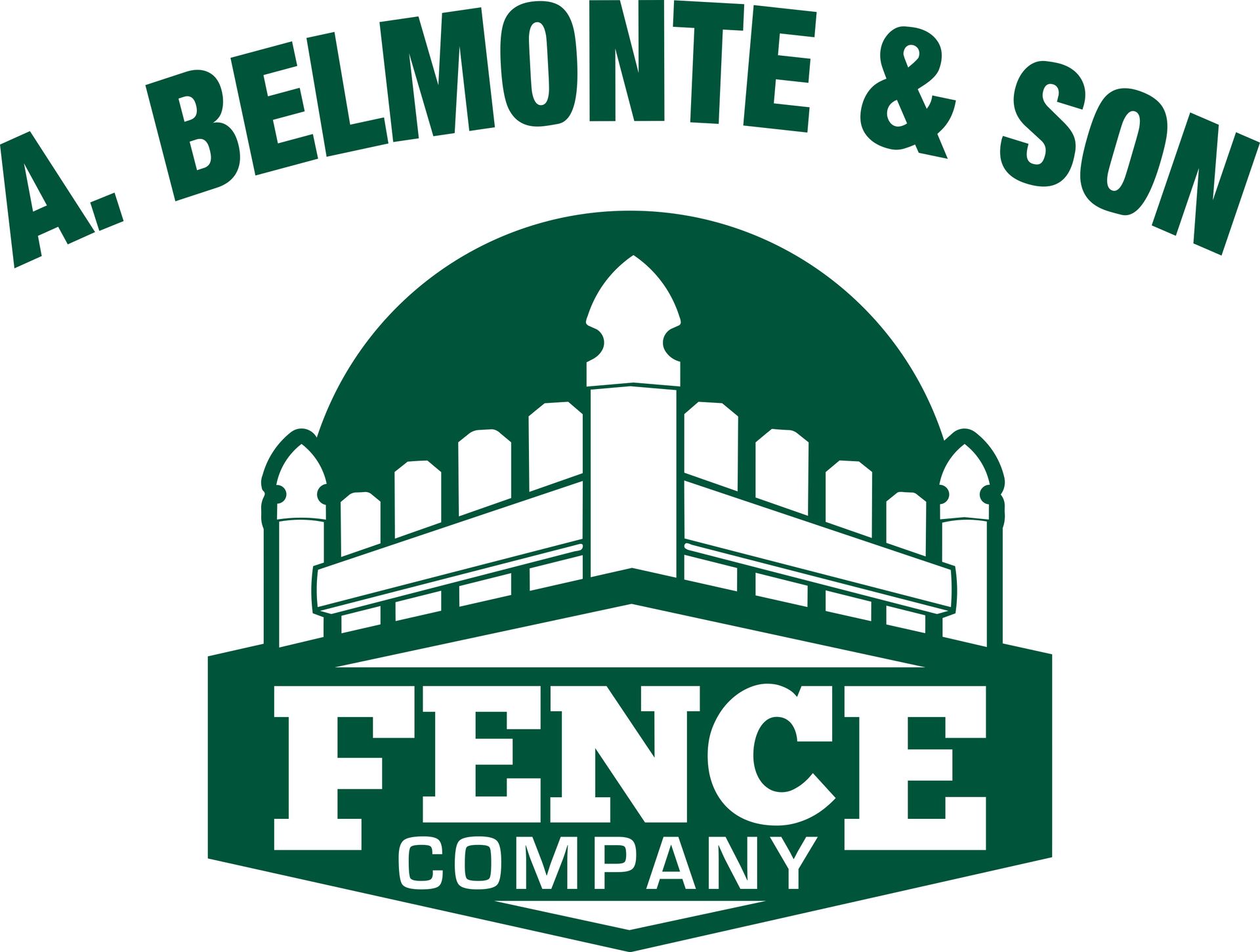 Logo of A. Belmonte & Son Fence Company: green text and design of a white picket fence on a dark green background.