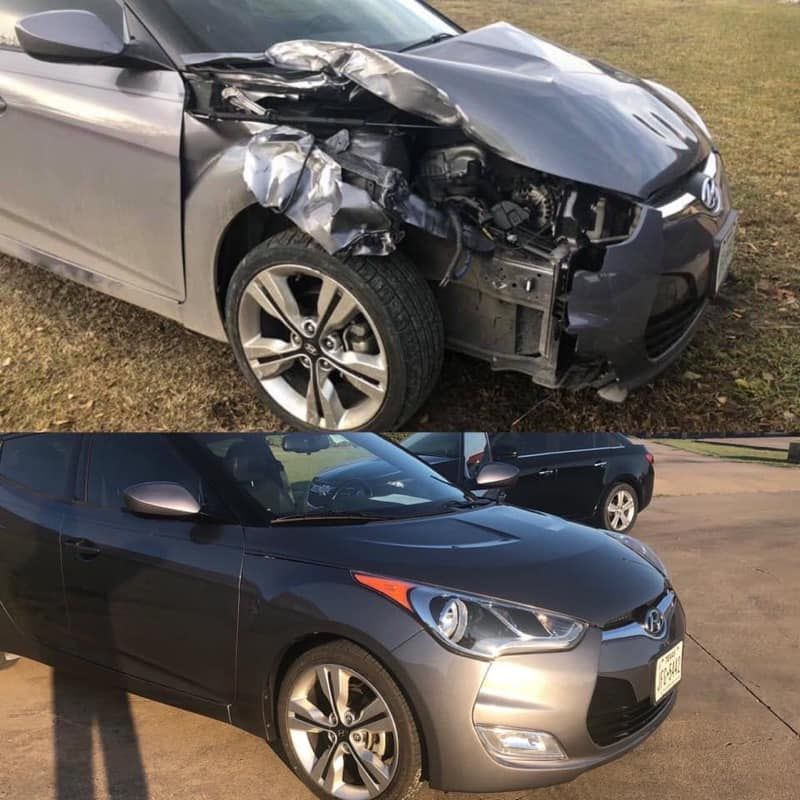 Damaged grey Hyundai Veloster after a car accident, contrasted with the same car in good condition.