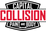 Capital Collision logo: Red "COLLISION" on black, "CAPITAL" above, "PAINT AND BODY" below, all on a black and white shield.