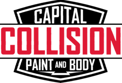 Capital Collision logo: Red "COLLISION" on black, "CAPITAL" above, "PAINT AND BODY" below, all on a black and white shield.