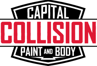 Capital Collision logo: Red "COLLISION" on black, "CAPITAL" above, "PAINT AND BODY" below, all on a black and white shield.