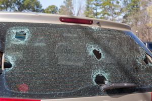 Shattered rear window of a car, multiple holes and cracks visible.