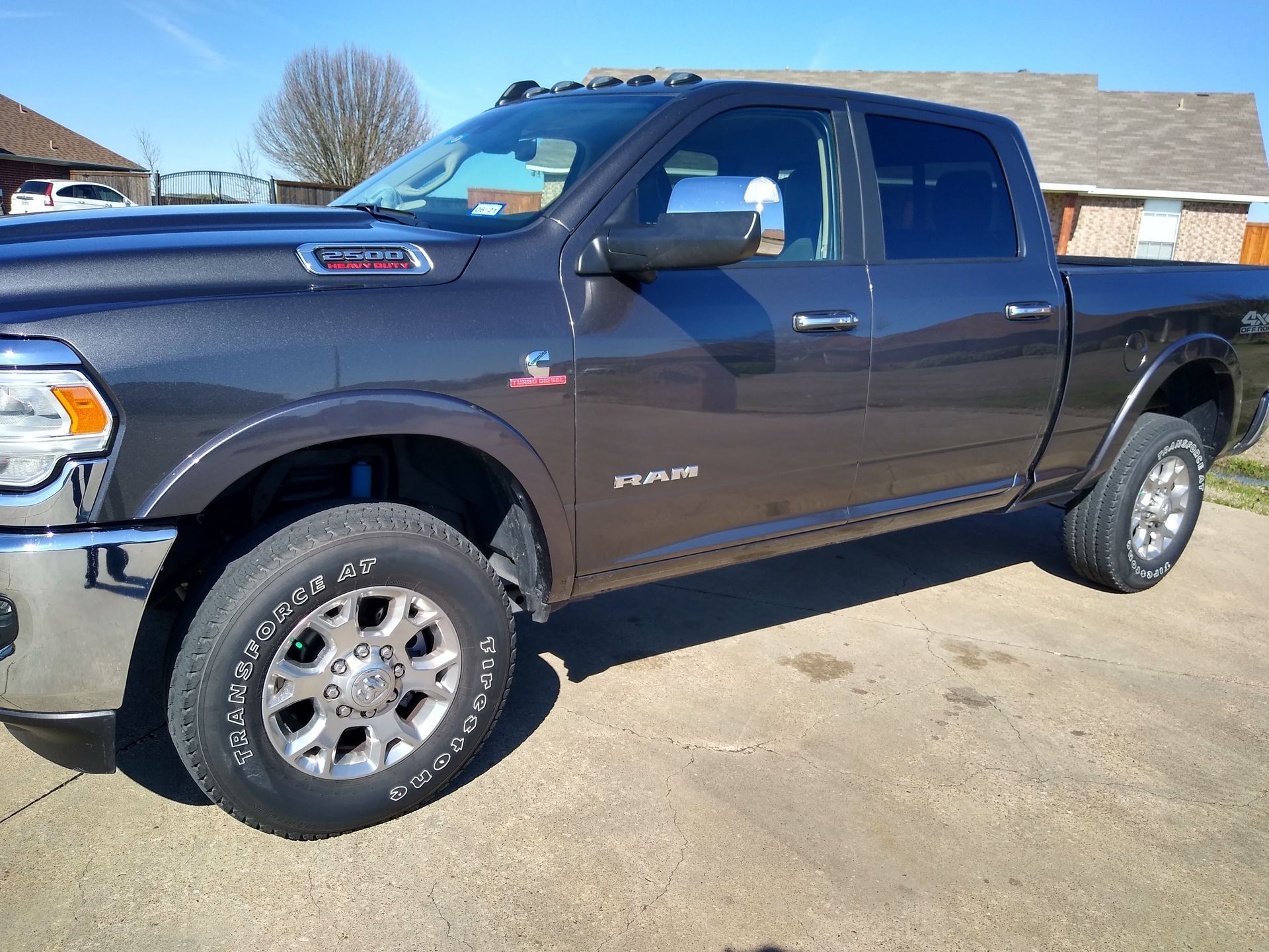 Dark gray Ram pickup truck parked outside on a sunny day.
