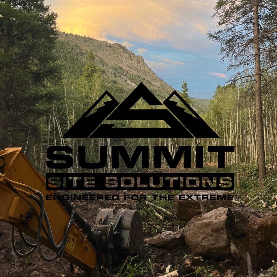 Summit Site Solutions logo over a mountain trail with a bike, rocks, trees, and sunset sky
