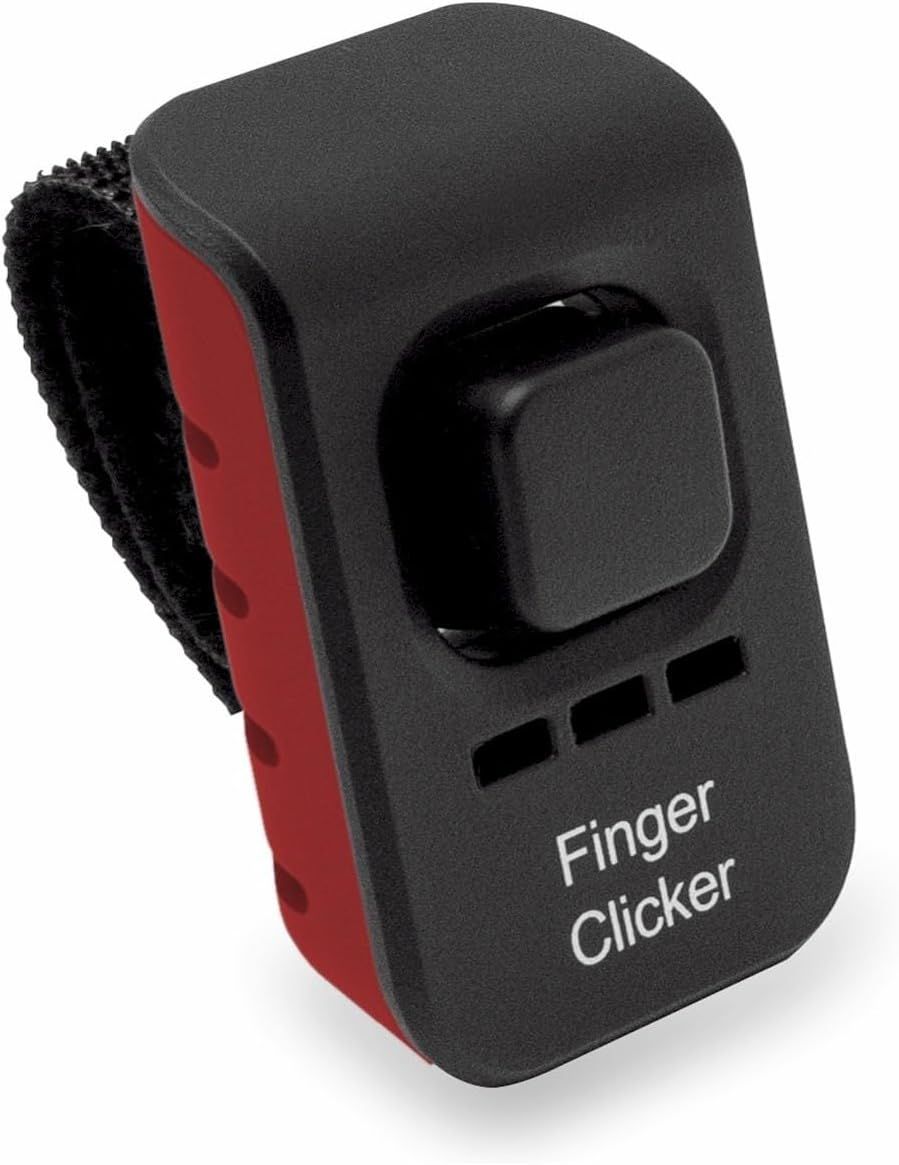 Finger Clicker: Black and red wearable mouse with a large button and strap for finger.