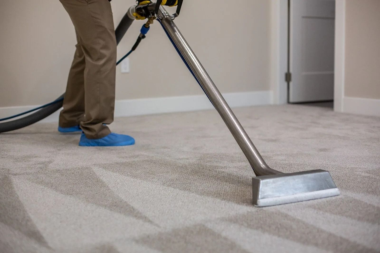 A Person is Vacuuming a Carpet in a Living Room — Total Pest and Carpet Cleaning in Yeppoon, QLD