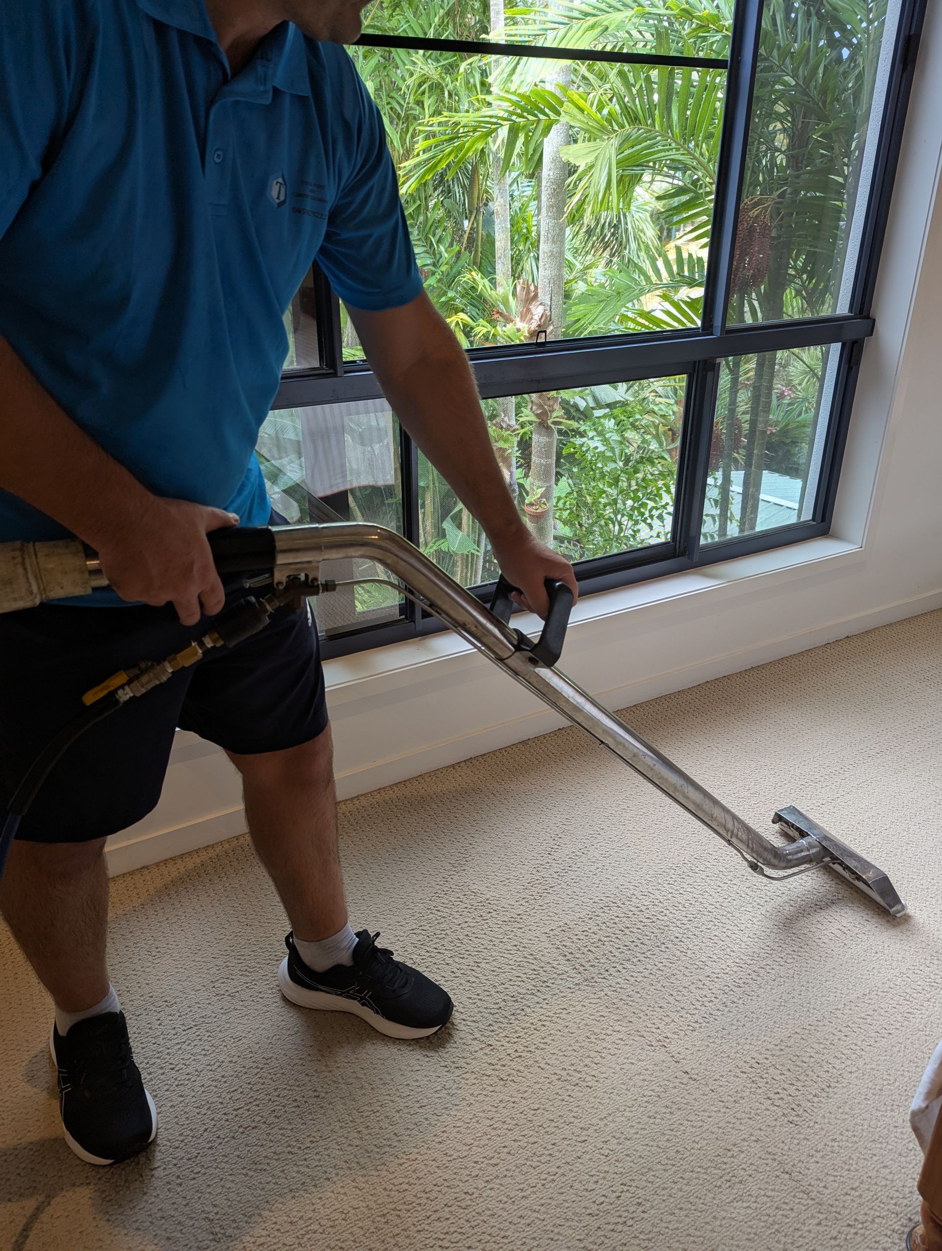 A Person is Using a Vacuum Cleaner to Clean a Carpet — Total Pest and Carpet Cleaning in Yeppoon, QLD