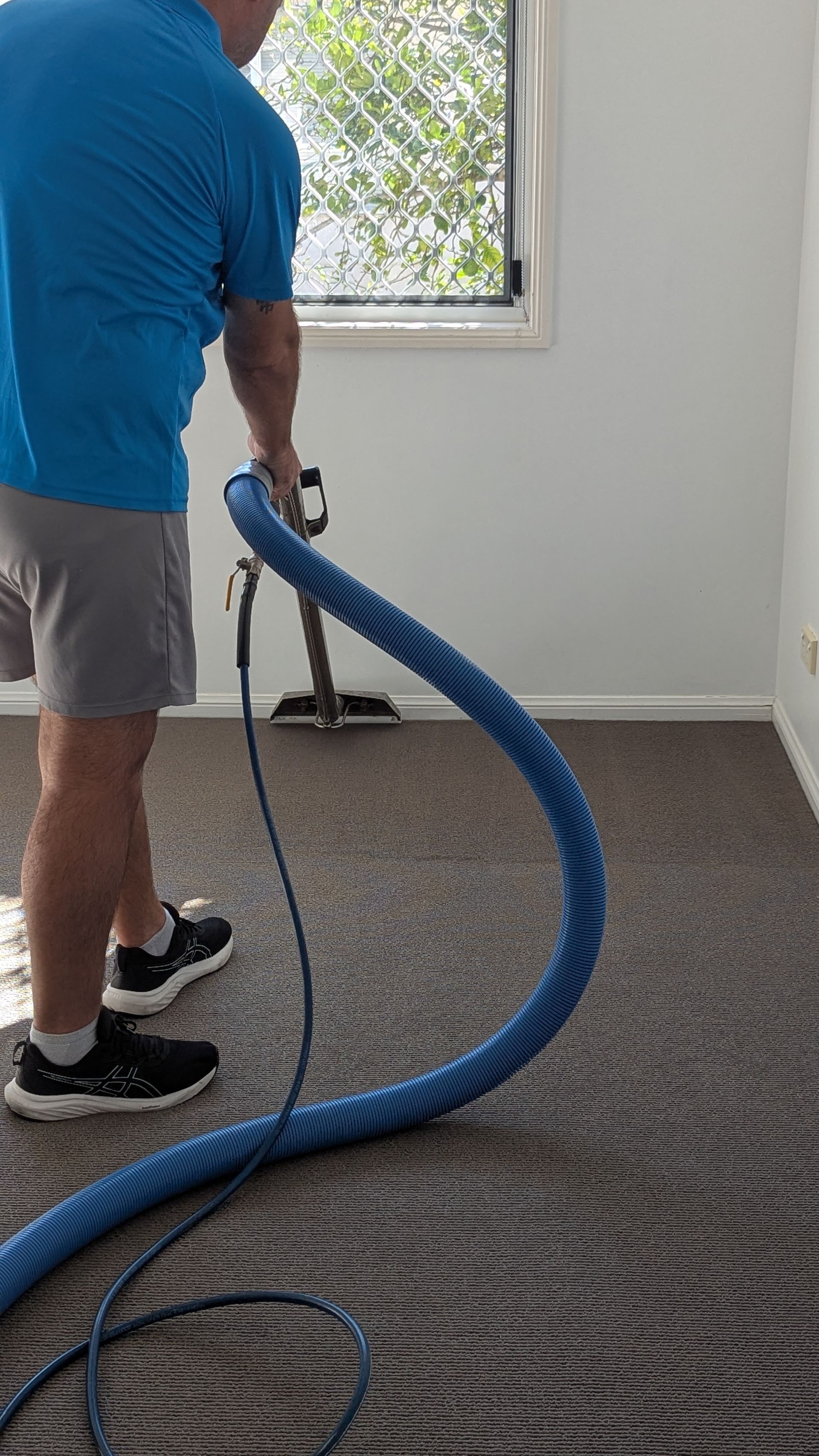 A Man is Cleaning a Rug With a Machine in a Room — Total Pest and Carpet Cleaning in Kinka Beach, QLD