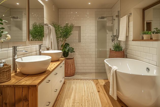 Bright spa-like bathroom with a wooden vanity, white vessel sink, glass shower, and freestanding tub.