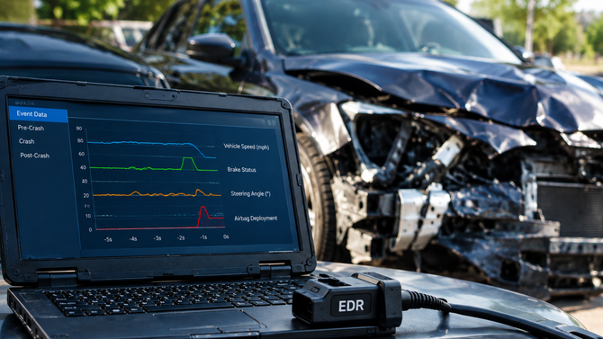 Laptop running diagnostics beside two damaged cars at an accident scene