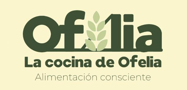 Logo de Ofelia con hojas verdes; texto “La cocina de Ofelia” y “Alimentación consciente” en tonos beige y verde.