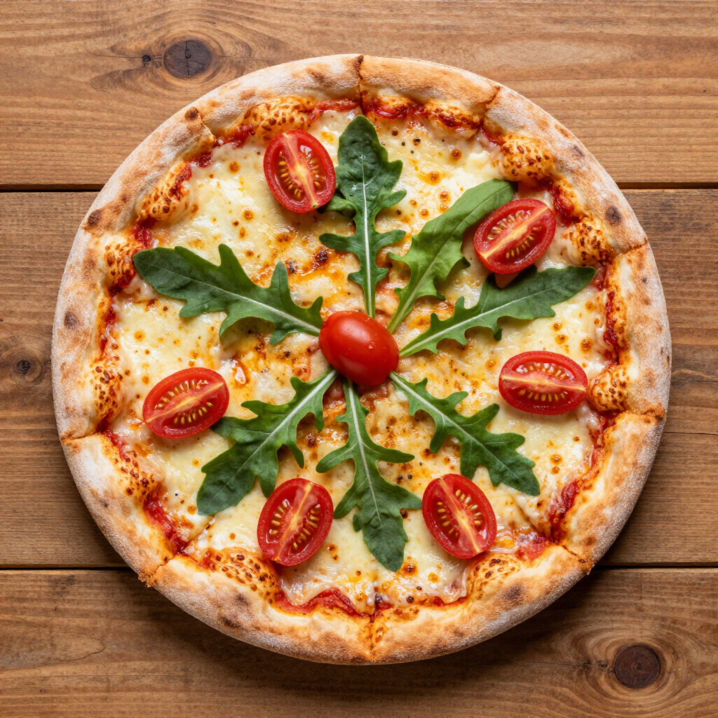 Pizza cubierta con rúcula, tomates cherry y un tomate entero sobre una mesa de madera.