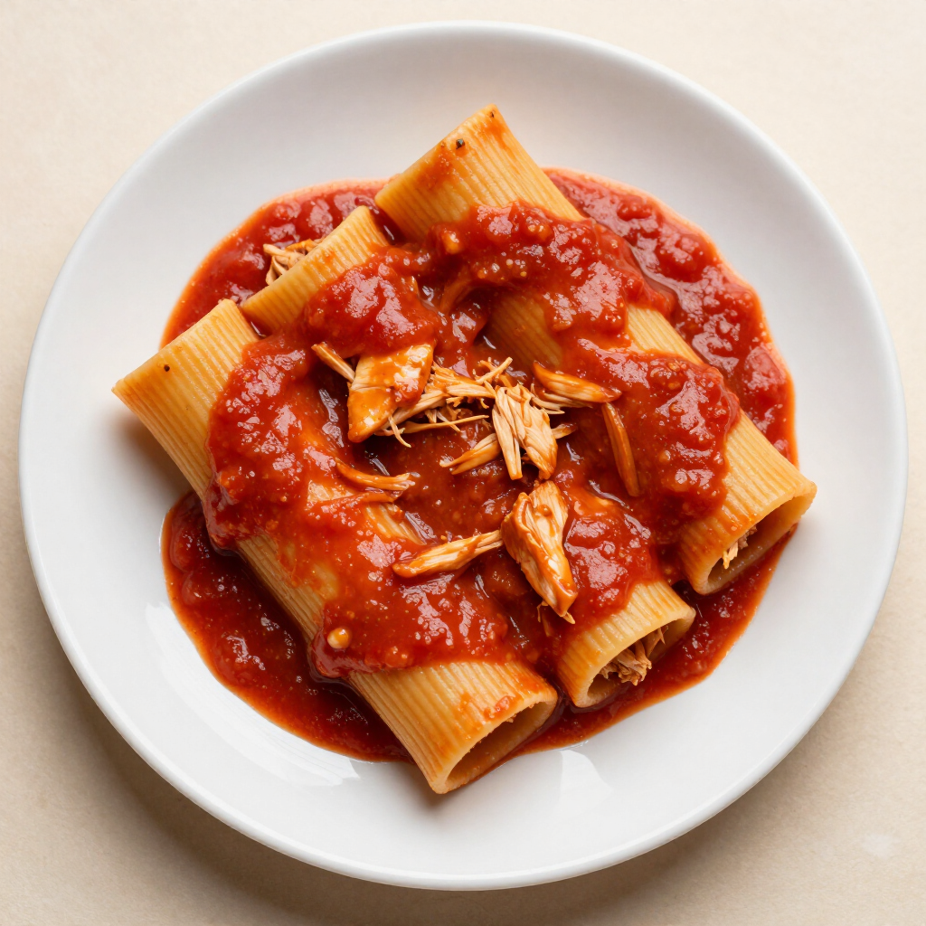 Rigatoni al horno en un plato blanco cubierto con salsa de tomate roja y queso rallado.