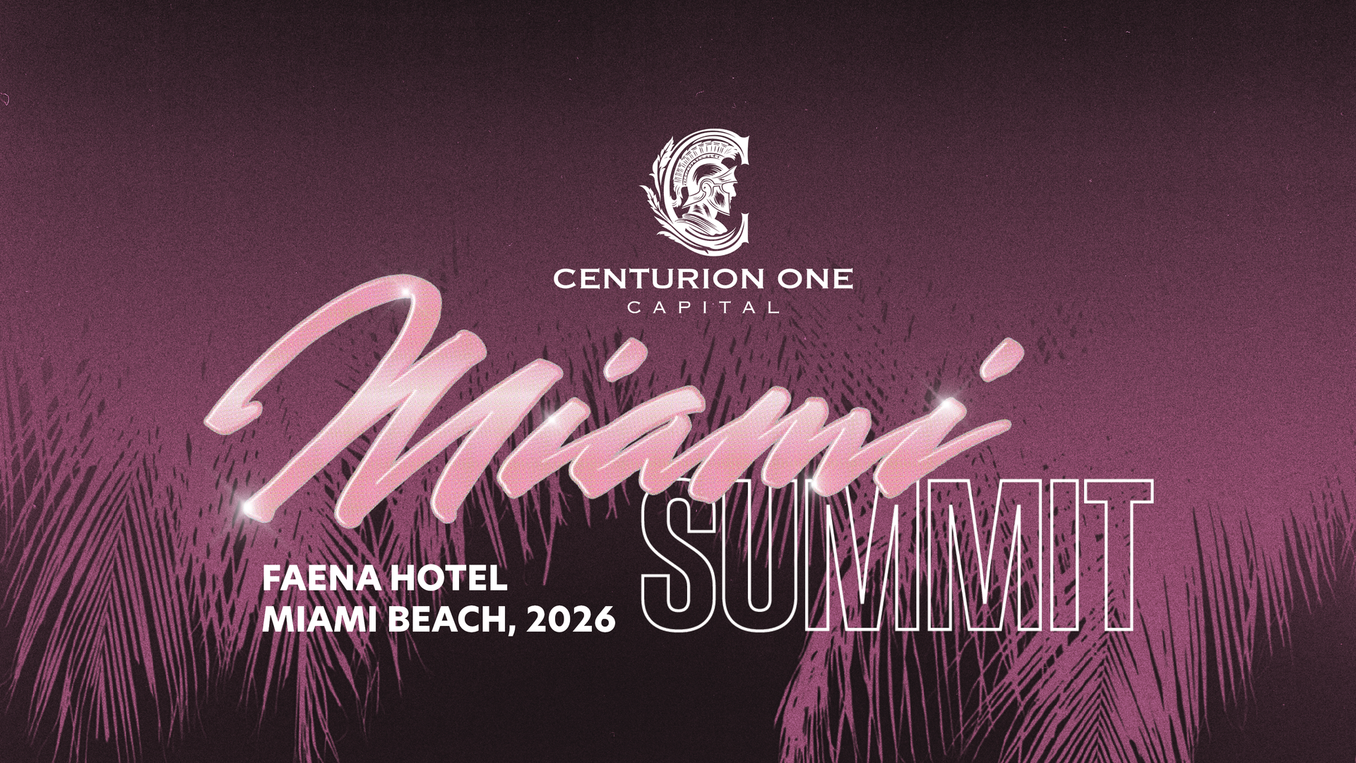 Miami event poster with pink script “Miami Summit” on a purple sunset skyline background