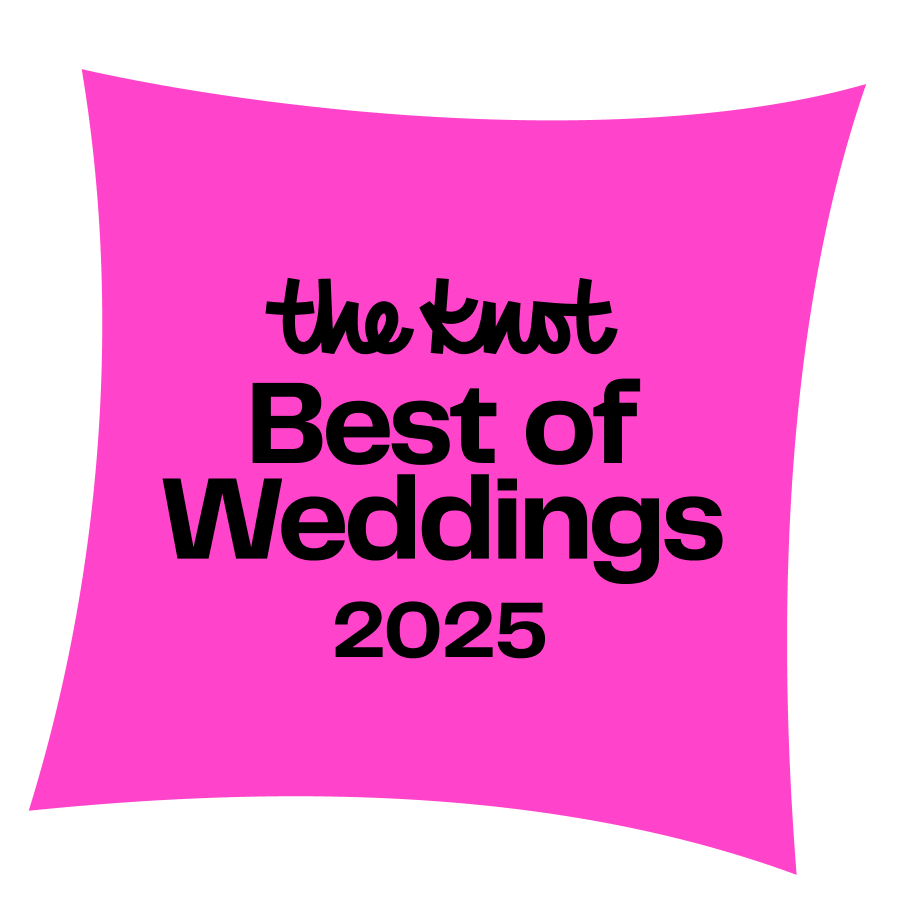 Pink square badge with text: 
